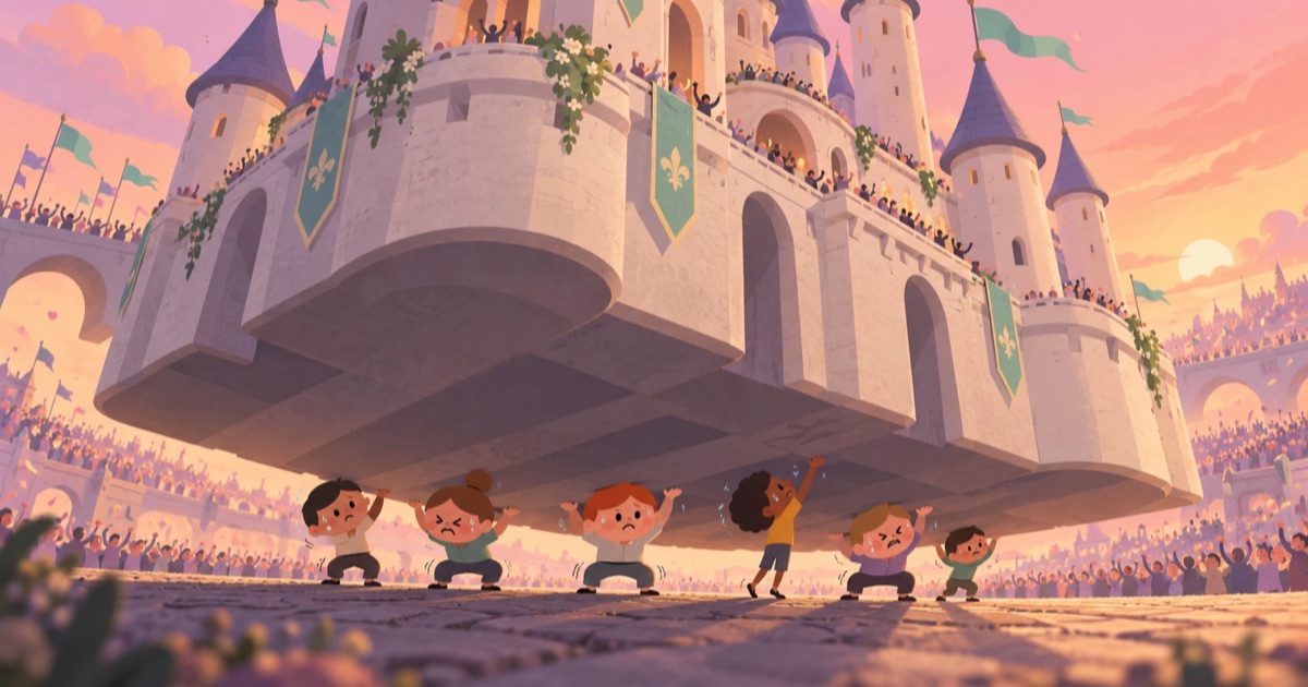 An enormous castle held up by six tiny straining characters while a crowd cheers