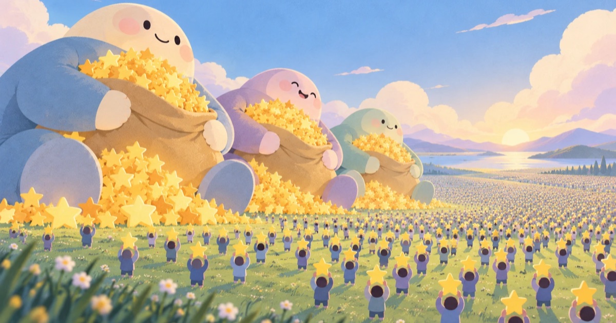 Three giants hugging sacks of stars above a meadow of tiny characters holding one star each
