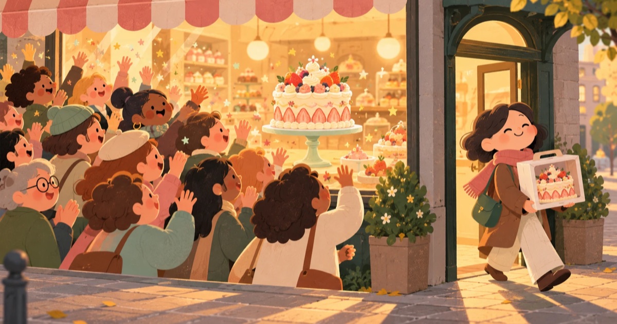 A crowd applauding a cake through a bakery window while one person walks away with an identical cake