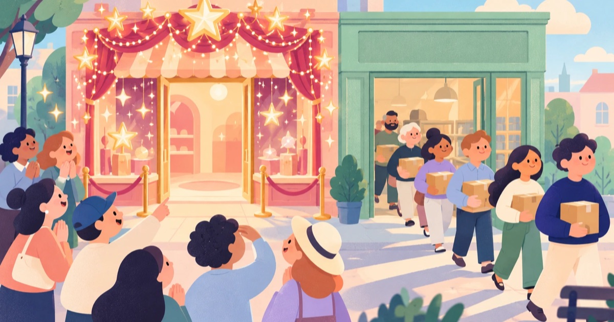 A dazzling star-covered shop with an admiring crowd and an empty doorway, next to a plain shop with a queue carrying parcels out